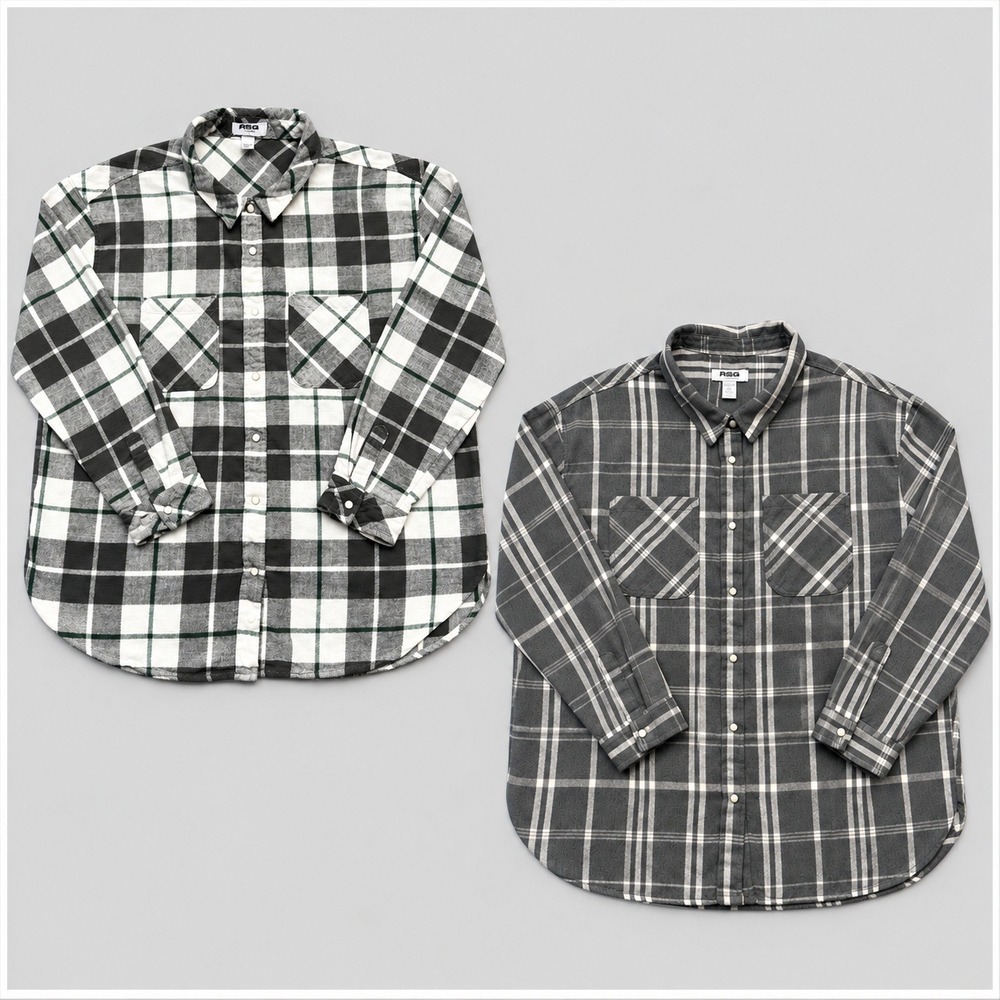 Lot of 2 RSQ Pearl Snap Plaid Flannel Shirt Gray Mens XXL Cabincore Country